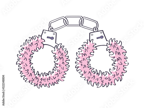 Pink fluffy furry handcuffs isolated vector illustration, adult bdsm sex shop toy.