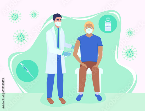 Doctor injecting monkey pox virus vaccine to patient on green background. Vaccine bottle and immunization syringe. Monkeypox pandemic outbreak. Medicine healthcare concept.