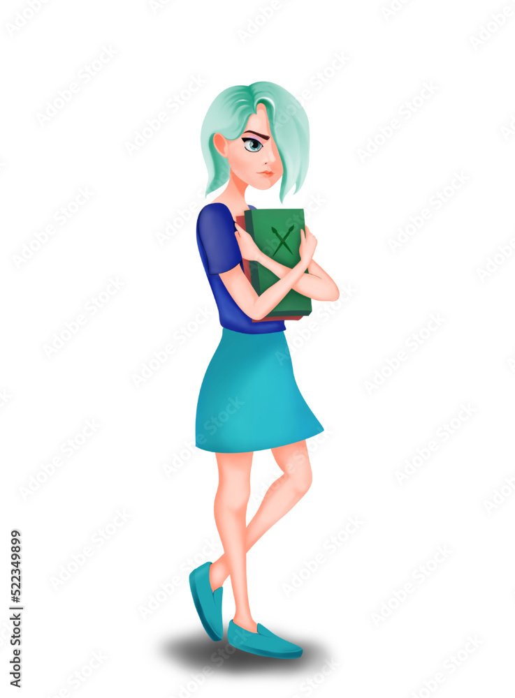 standing girl with blue hair and books in her hands standing girl with blue hair and books in her hands