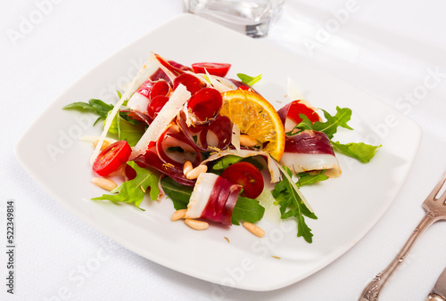 French salad Magret de canard seche closeup. High quality photo