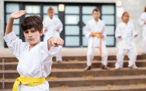 Confident preteen boy practicing karate movements with hands during group class in schoolyard on summer day