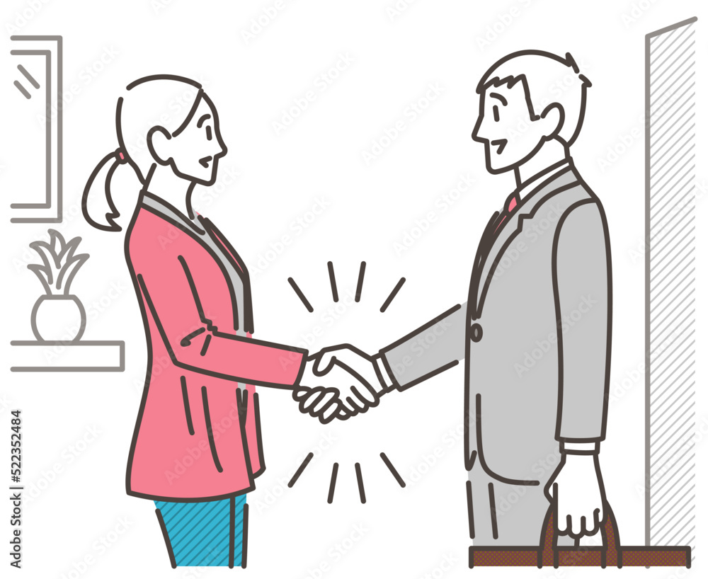 Woman shaking hands with a male door-to-door salesman at the entrance [Vector illustration].