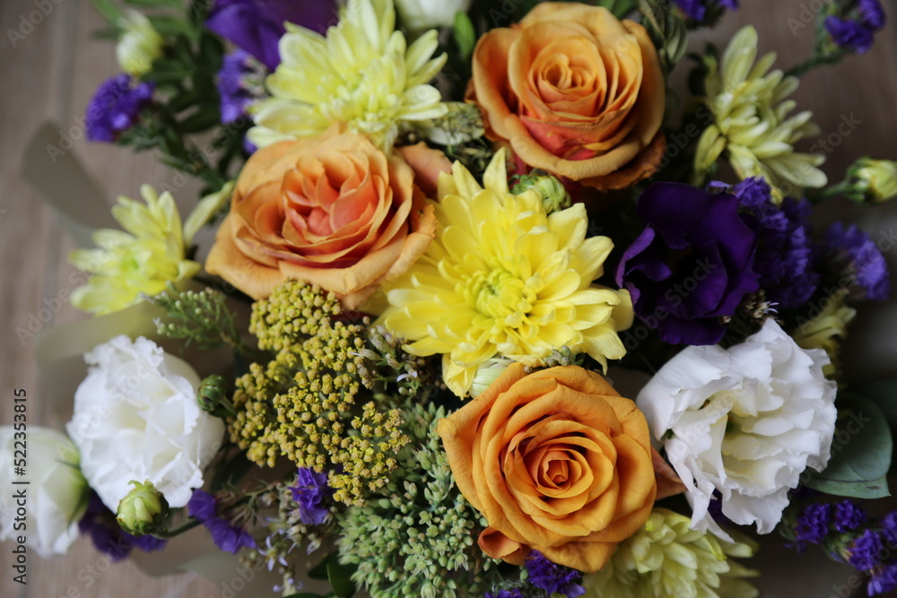 photo of a beautiful summer bouquet of flowers. close-up, top view