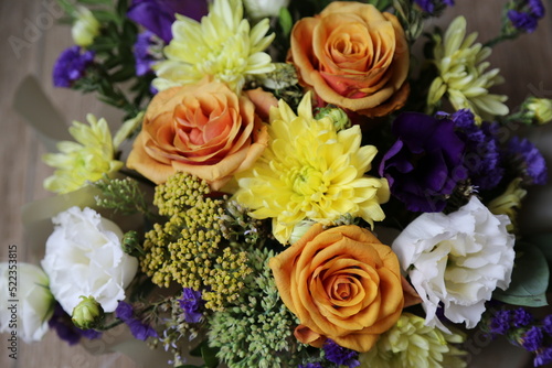 photo of a beautiful summer bouquet of flowers. close-up  top view
