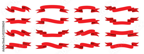 Red ribbon flat set. Blank tape banner for advertising promotion, sale text, heading, title decoration, badge, emblem, frame. Curled, scroll ribbons. Elegant retro flag, background stripe