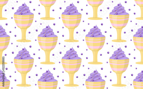 Purple blueberry ice cream in cup seamless pattern. Doodle sloppy style sticker label dairy summer kids holiday for business handmade wrapping paper print fabric textile wallpaper festive background