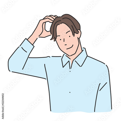 髪をかきあげるハンサムな男性　線画