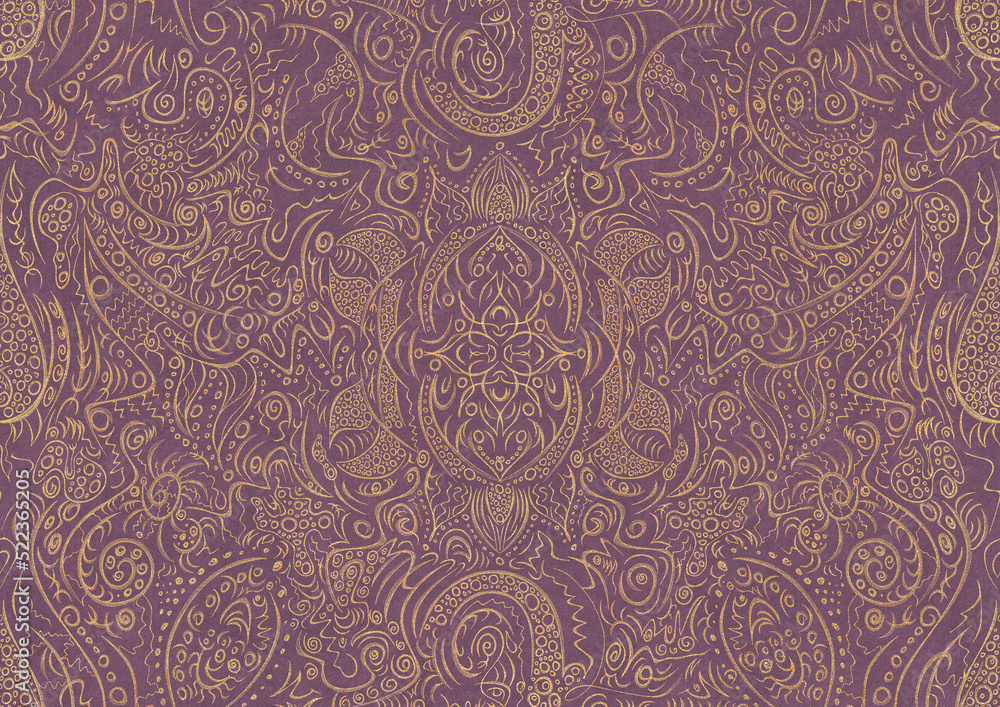 Hand-drawn unique abstract symmetrical seamless gold ornament on a purple background. Paper texture. Digital artwork, A4. (pattern: p01a)