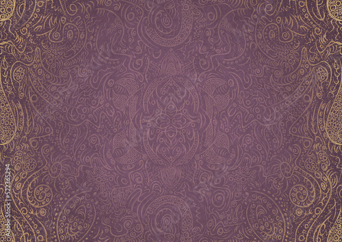Hand-drawn abstract ornament. Light semi transparent pink on a purple back, with vignette of same pattern and sparks in golden glitter on a darker color. Paper texture. A4. (pattern: p01a)