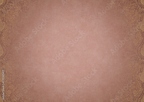 Pale pink textured paper with vignette of golden hand-drawn pattern on a darker background color. Copy space. Digital artwork, A4. (pattern: p01b)