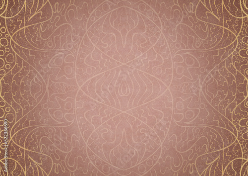 Hand-drawn abstract ornament. Light semi transparent pale pink on a pale pink back, with vignette of same pattern and sparks in golden glitter on a darker color. Paper texture. A4. (pattern: p02-2a)