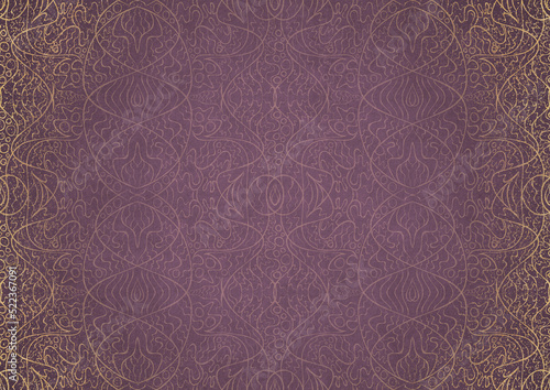 Hand-drawn abstract ornament. Light semi transparent pink on a purple back, with vignette of same pattern and sparks in golden glitter on a darker color. Paper texture. A4. (pattern: p02-2b)
