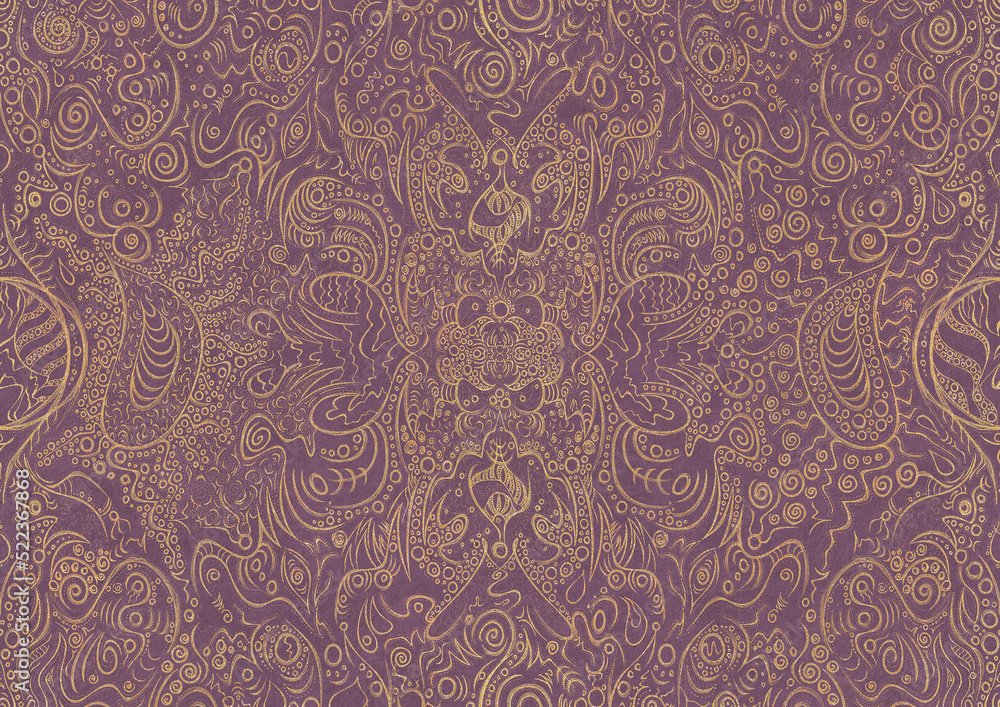 Hand-drawn unique symmetrical seamless gold ornament on a purple background. Paper texture. Digital artwork, A4. (pattern: p04a)