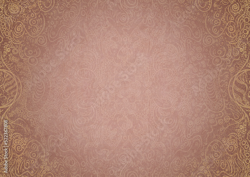 Hand-drawn abstract ornament. Light semi transparent pale pink on a pale pink back, with vignette of same pattern and sparks in golden glitter on a darker color. Paper texture. A4. (pattern: p04a)