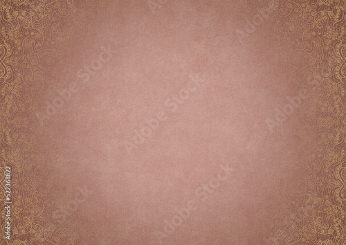 Pale pink textured paper with vignette of golden hand-drawn pattern on a darker background color. Copy space. Digital artwork, A4. (pattern: p06b)
