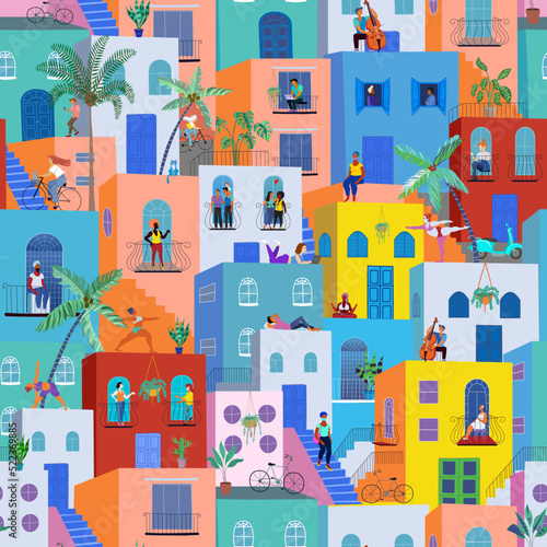 Seamless pattern in pop art style. People in casual clothes on the balconies and in the windows.