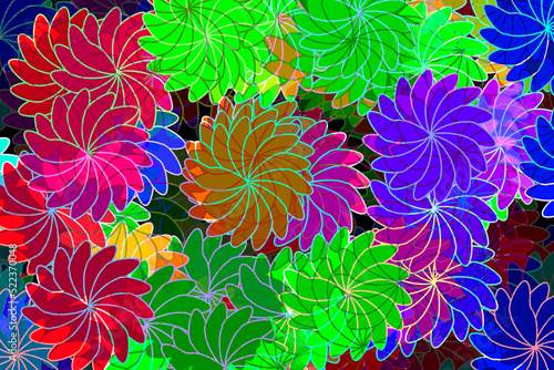 psychedelic floral hawaiian flower pinwheel retro pattern swirl fabric design backdrop style textile background illustration fun rainbow fashion overlay photo