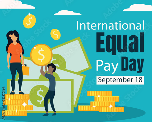 illustration vector graphic of a female boss is carrying a suitcase and a male worker is holding a gold coin, showing scattered dollar bills, perfect for international equal pay day, celebrate, etc.