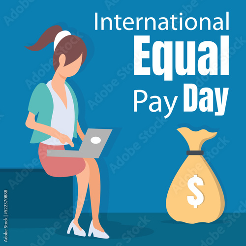 illustration vector graphic of a woman is sitting and using a laptop, showing a money bag, perfect for international equal pay day, business, celebrate, greeting card, etc.