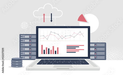 Data extraction concept. Computer monitor with graphs and charts. Working with statistics and marketing research. Cloud computing devices, electronic archive. Cartoon flat vector illustration