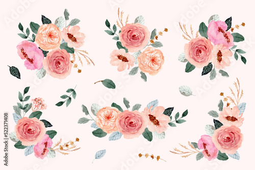 peach pink watercolor floral arrangement collection