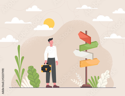 Destination choice concept. Man with briefcase stands on road in front of arrows with different directions. Metaphor for making decision, searching for life path. Cartoon flat vector illustration