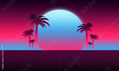 Synthwave and retrowave flyer background, vaporwave 80's landscape, futuristic design, wave music, 80s styled neon landscape