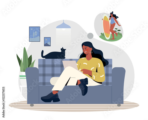 Woman with laptop dreaming about vacation. Freelancer or remote employee with cat. Emotional burnout and fatigue. Owner and pet at house, distance education. Cartoon flat vector illustration