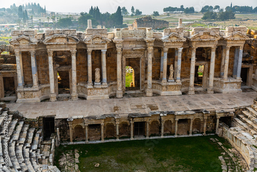 Preserved ruins of antique theatre in ancient Greek city of Hierapolis located near Pamukkale in Turkey