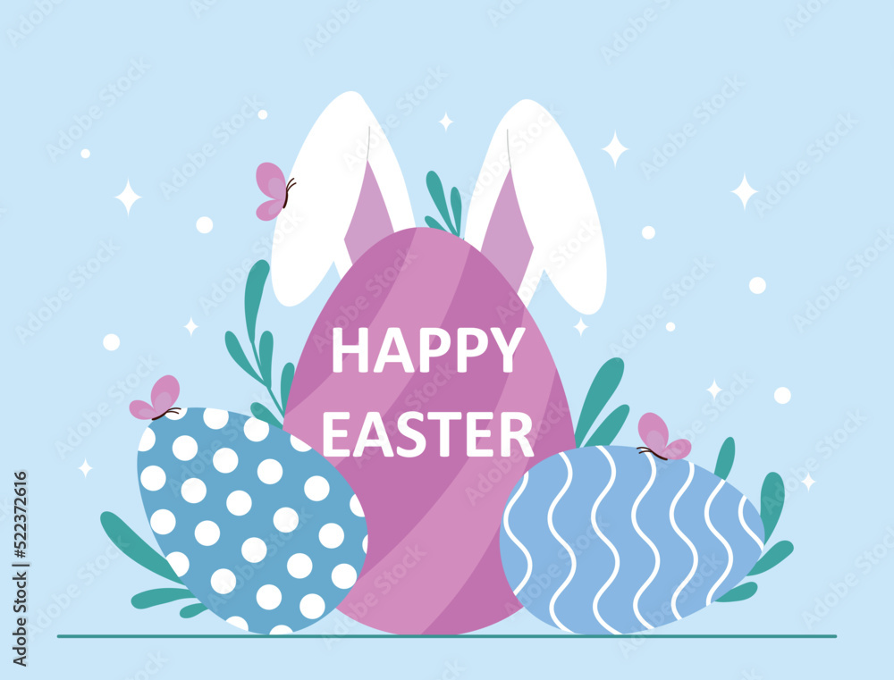 Happy easter concept. International and traditional holidays, poster or banner for website. spring, eggs and rabbits, religion. Design for greeting or invitation card. Cartoon flat vector illustration Happy easter concept. International and traditional holidays, poster or banner for website. spring, eggs and rabbits, religion. Design for greeting or invitation card. Cartoon flat vector illustration