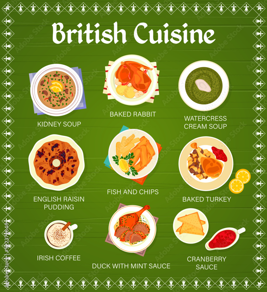 British cuisine menu page template. Baked rabbit, kidney soup and watercress cream soup, English pudding, Irish coffee and fish with chips, baked turkey, duck with mint sauce and cranberry sauce British cuisine menu page template. Baked rabbit, kidney soup and watercress cream soup, English pudding, Irish coffee and fish with chips, baked turkey, duck with mint sauce and cranberry sauce