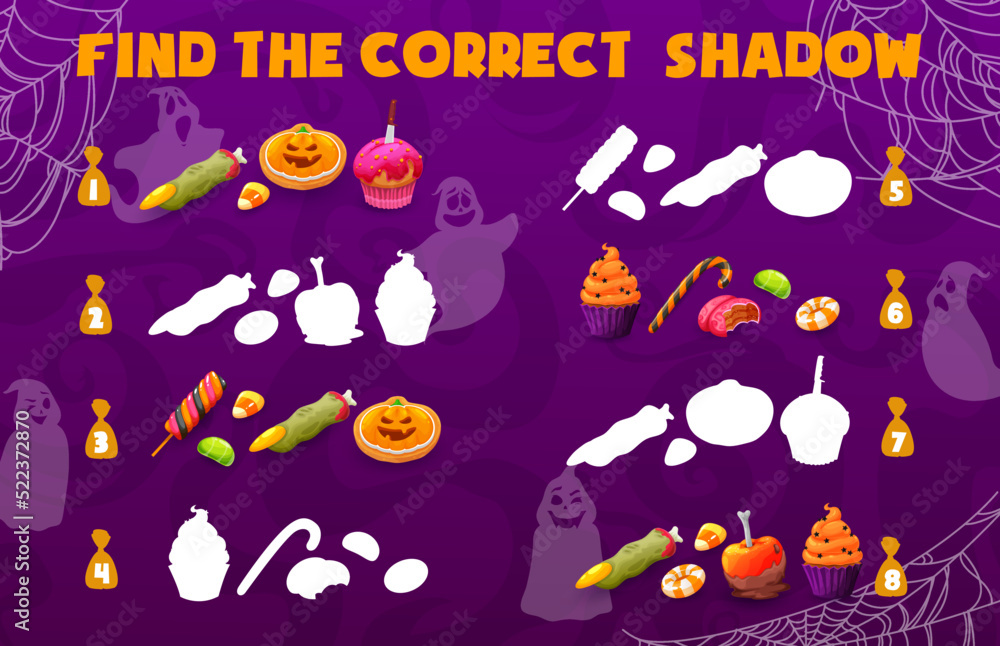 Shadow matching game of Halloween holiday sweets and candies. Kids puzzle or logic riddle worksheet with cartoon trick or treat food. Education game of matching pumpkin cakes, lollipops, witch fingers