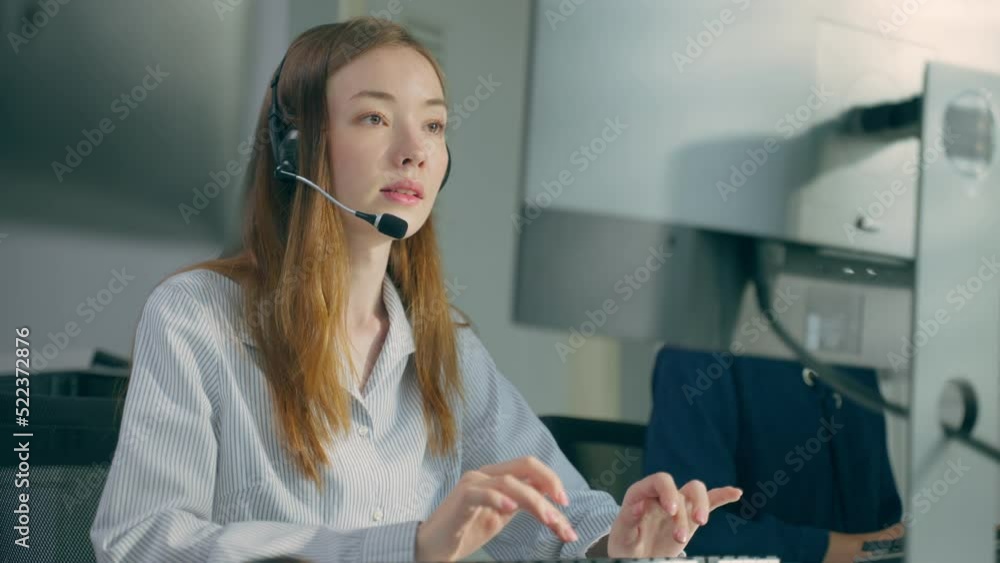 Caucasian young business woman call center working in office workplace Caucasian young business woman call center working in office workplace