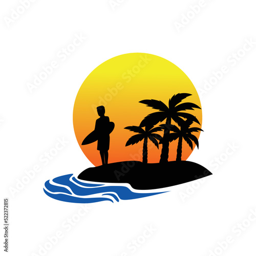 surfer silhouette. man stand in an island. extreme sport sign and symbol.
