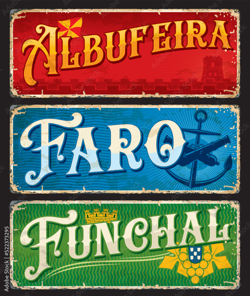 Funchal, Faro, Albufeira, Portuguese city plates and travel stickers, vector vintage tin sings. Portugal tourism and vacations or journey trip luggage tags and retro tin plates with flags and emblems Funchal, Faro, Albufeira, Portuguese city plates and travel stickers, vector vintage tin sings. Portugal tourism and vacations or journey trip luggage tags and retro tin plates with flags and emblems