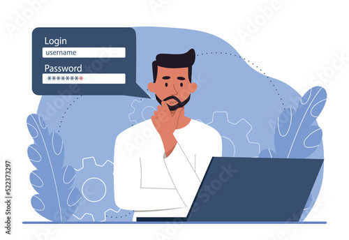 Mention password concept. Man trying to remember password, authorization and identification, user. Modern technologies and digital world, gadgets and devices. Cartoon flat vector illustration