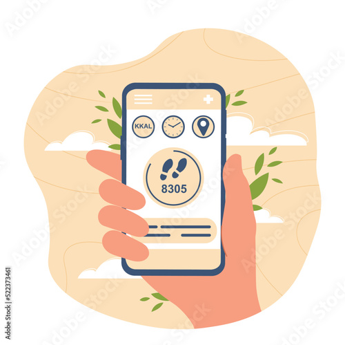 Mobile pedometer concept. Applications and programs for athlete. Active lifestyle, calorie count, weight loss. Gadgets and devices for fitness and marathon runners. Cartoon flat vector illustration