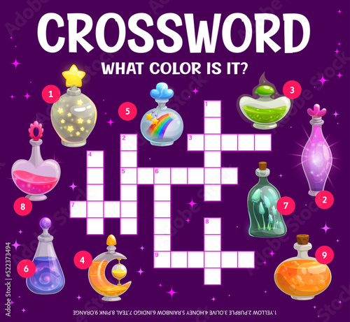 Find a color of magic potion bottles. Crossword grid worksheet. Find a word quiz game. Cartoon vector boardgame with glass flasks filled with witch elixir. Children puzzle for education and learning