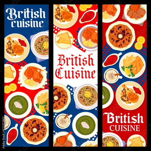 British cuisine dishes vector banners. Baked turkey, fish with chips and cranberry sauce, baked rabbit, kidney soup and watercress cream soup, duck with mint sauce, Irish coffee and English pudding
