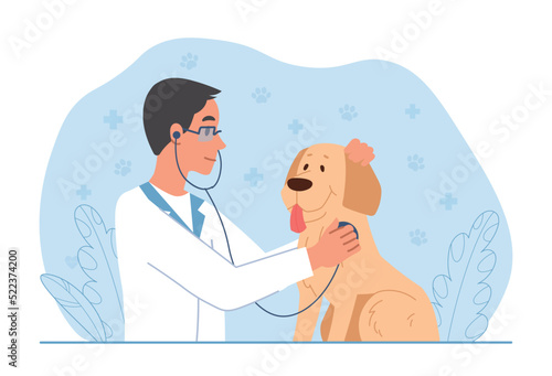 Veterinarian with dog. Specialist in medical gown listens to pet. Regular check ups and health care, diagnosis and treatment options. Scene in medical clinic. Cartoon flat vector illustration
