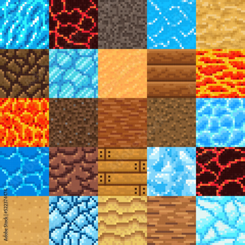 Lava, ice, iceberg, crystal, sand, water, wooden plank, magma retro 8bit pixel art game surface vector patterns. Surface textures, 8 bit game ground blocks, retro arcade environment backgrounds set