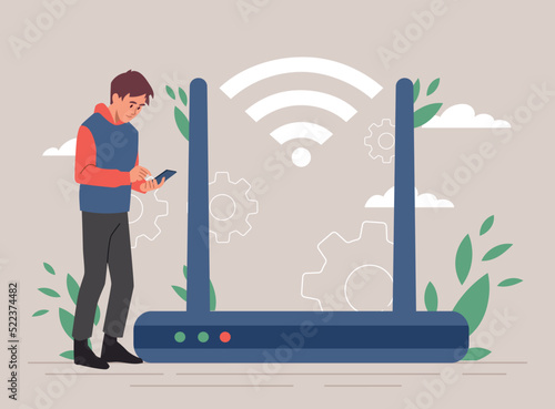 Wireless network concept. Man next to source of Internet. Modern technologies, gadgets and devices. Young guy in social networks, chatting with friends online. Cartoon flat vector illustration