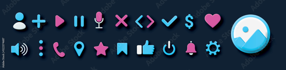 3D Interface icons set. Collection of graphic elements for website. Development of mobile application or program, social network. Cartoon isometric vector illustrations isolated on dark background 3D Interface icons set. Collection of graphic elements for website. Development of mobile application or program, social network. Cartoon isometric vector illustrations isolated on dark background
