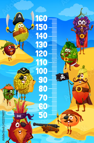Kids height chart with cartoon fruit pirates and corsairs. Vector growth meter wall sticker. Brave mango, papaya, feijoa and grape, jackfruit and bergamot, dragon fruit and guava on treasure island