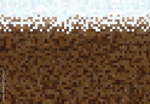Cubic 8bit pixel art game. Ice, snow and ground block background pattern. Frozen ground texture, 8 bit arcade icy environment pattern or snow in soil surface texture retro game vector background