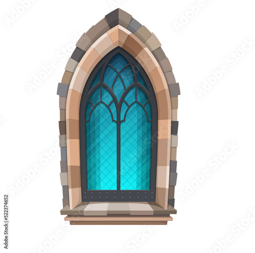 Cartoon medieval window of castle. Medieval cathedral or temple, exterior window, ancient palace or castle isolated vector window with stone or brick arch, glass and forged metal frame