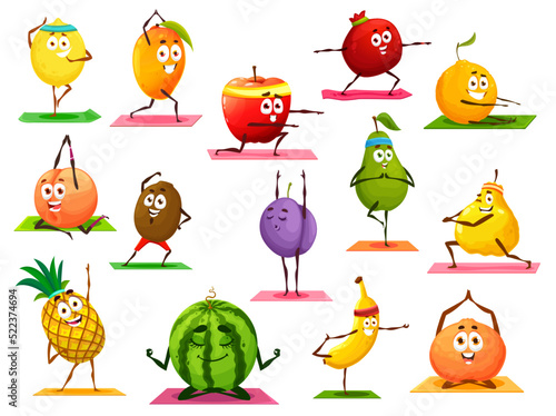 Cartoon isolated fruits characters on yoga and pilates or fitness sport. Funny fruits making exercises, mango and watermelon in yoga meditation, kiwi and banana on fitness stretching, orange and apple
