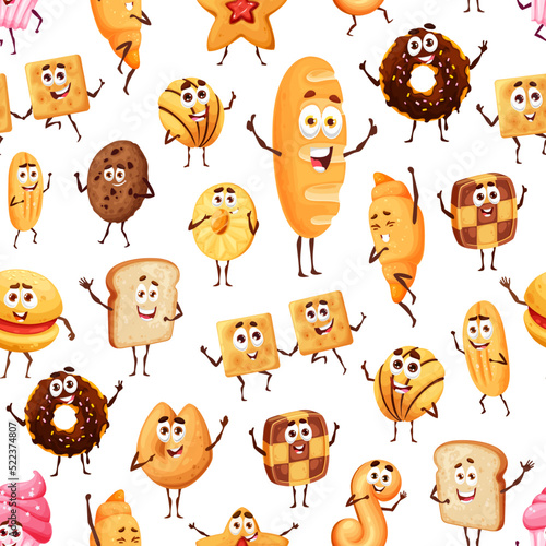Bread, pastry and confectionery cartoon funny characters seamless pattern. Vector background with donut, chocolate, shortbread and crumbly cookies, burger, toast, cracker, croissant bakery personages