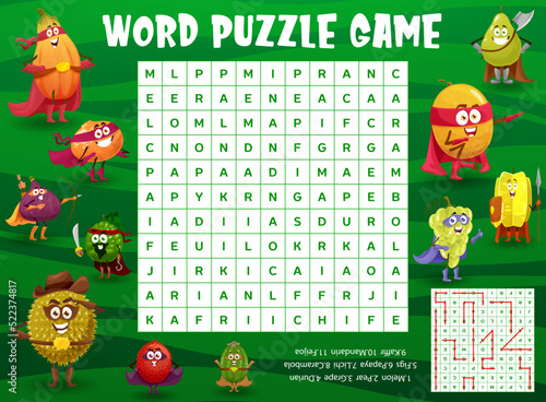 Word puzzle game grid worksheet with superhero fruits characters, vector kids riddle. Cross word search puzzle to find fruits defenders, papaya and mandarin or grape with melon in superhero masks