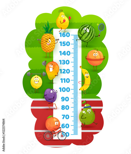 Happy fruits on stadium field, kids height chart. Vector wall growth meter, sticker for height measure scale, cartoon pear, pineapple, watermelon and plum, peach, mango, lemon and orange characters
